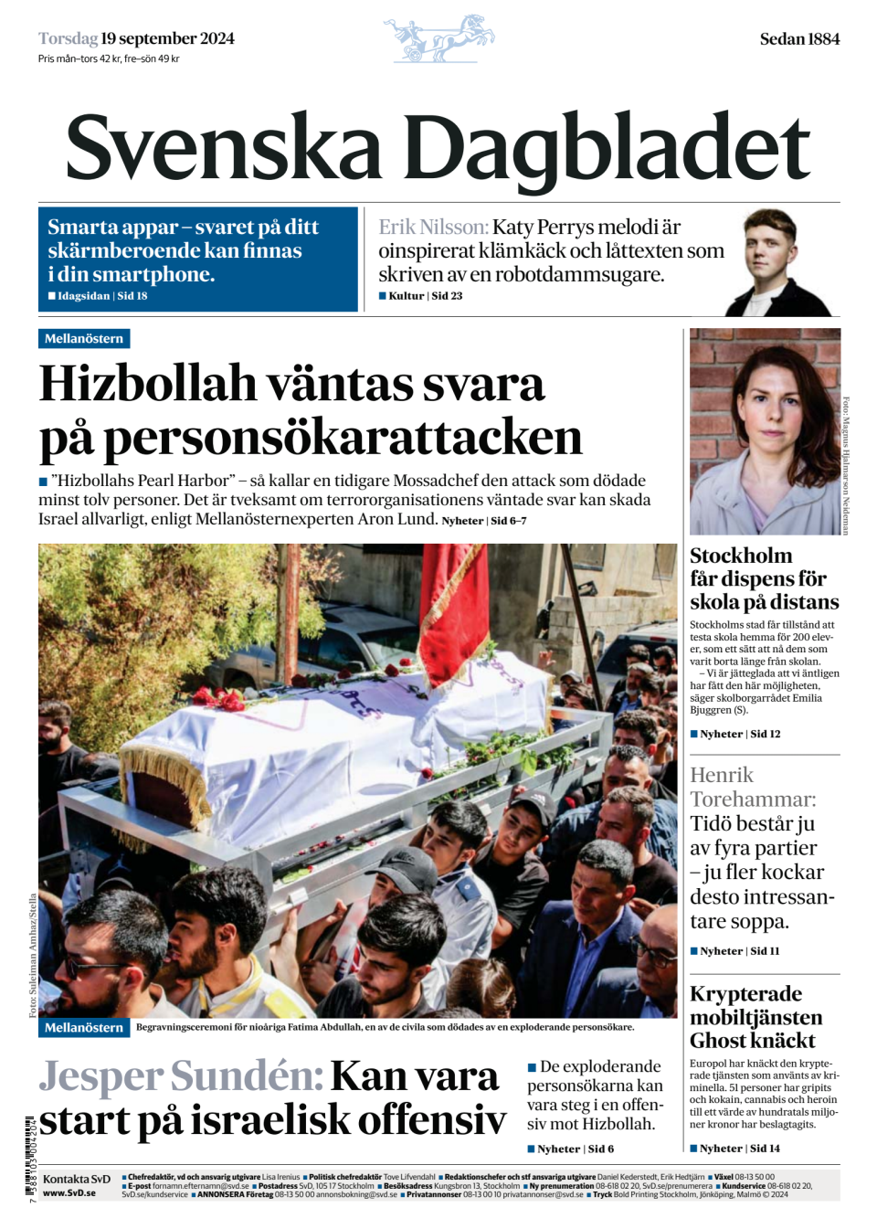 Prima-pagina-Svenska Dagbladet-edizione-di-oggi-20240919